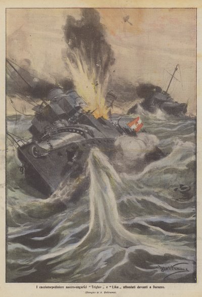 オーストリアハンガリーの駆逐艦トリグラウとリカがドュレスの前で沈没 作： Achille Beltrame