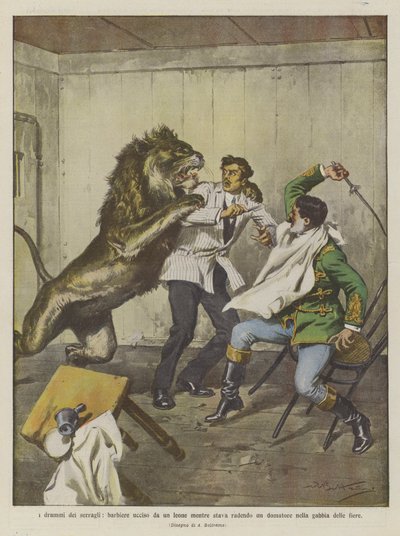 ライオンが見本市の檻の中で調教師を剃っている間に殺された、飼育場のドラマ 作： Achille Beltrame