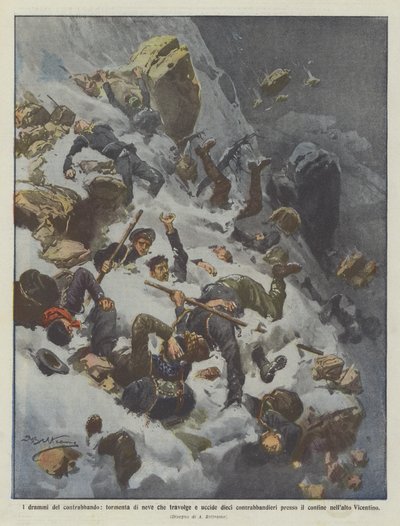 10人の密輸業者を圧倒して殺す密輸、吹雪のドラマ？ 作： Achille Beltrame