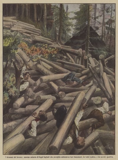 仕事のドラマ、さまざまな木こりに落ちる巨大なカットされた森の山？ 作： Achille Beltrame