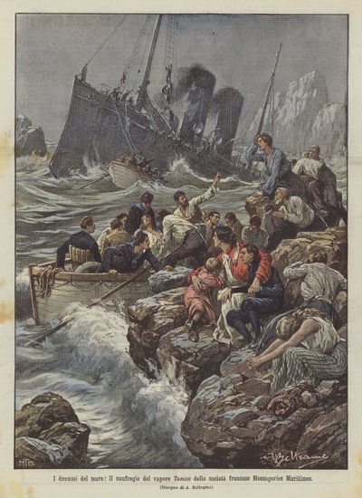 海のドラマ、蒸気の沈没フランスの会社のタミセMessageries Maritimes 作： Achille Beltrame