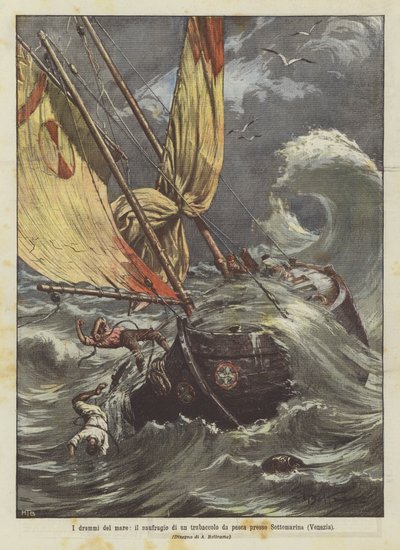 海のドラマ、ソットマリナ（ヴェネツィア）近くの釣りトラッコロの沈没 作： Achille Beltrame
