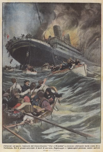 海のドラマ、大西洋を横断するホノルルの街の火、300キロから？ 作： Achille Beltrame