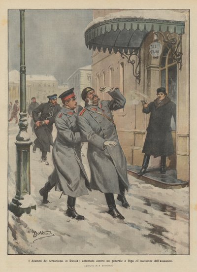 ロシアでのテロの悲劇、リガの将軍への攻撃と殺人者の殺害 作： Achille Beltrame