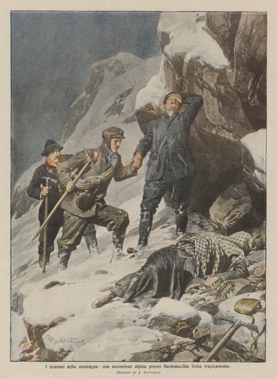 山のドラマ、バルドネッキア近くの高山登山 作： Achille Beltrame