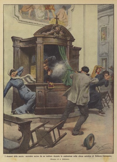 狂信の悲劇、教会での告白の間に高僧によって殺された司祭？ 作： Achille Beltrame