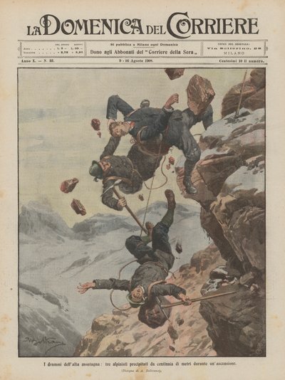 高山のドラマ、3人の登山者が登山中に数百メートルも沈んでいった 作： Achille Beltrame