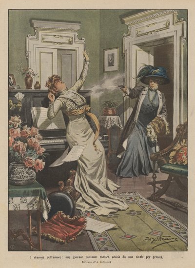 嫉妬からライバルに殺された若いドイツの歌手、愛のドラマ 作： Achille Beltrame