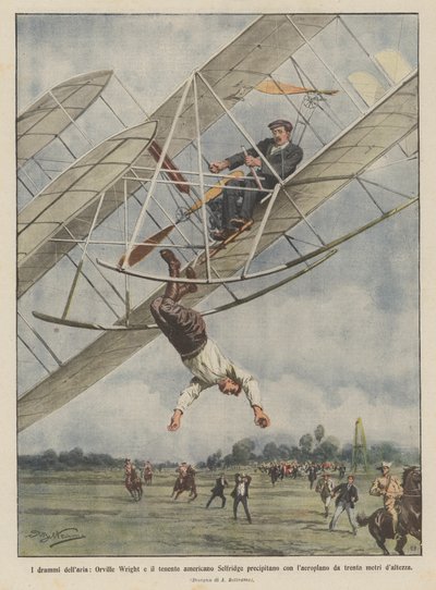 飛行機でオードラマライト、オービルライト、アメリカ中尉セルフリッジが墜落？ 作： Achille Beltrame