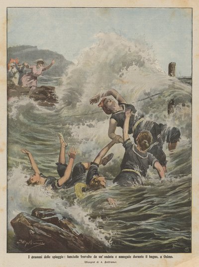 ビーチのドラマ、女の子は洪水に圧倒され、入浴中に溺死した、オージモ 作： Achille Beltrame