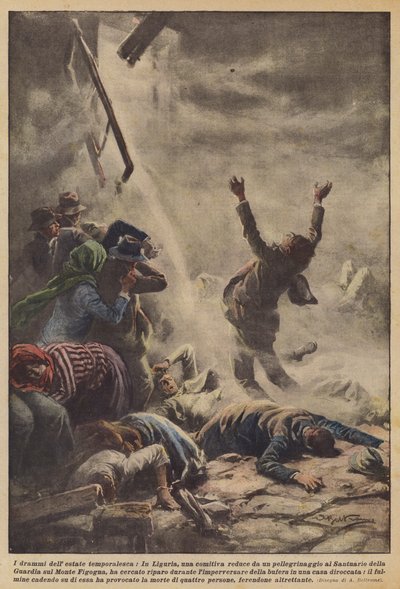 雷雨の夏のドラマ、リグーリア州、巡礼から帰ってきたグループ？ 作： Achille Beltrame