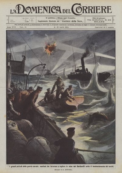海軍戦争の大きな危険、ダーダネッリから地雷を取り除くために働く船員？ 作： Achille Beltrame