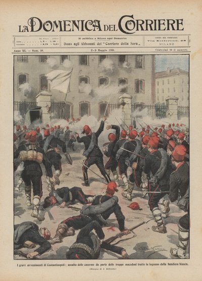 コンスタンティノープルの深刻な出来事、描かれたマケドニア軍による兵舎への攻撃？ 作： Achille Beltrame