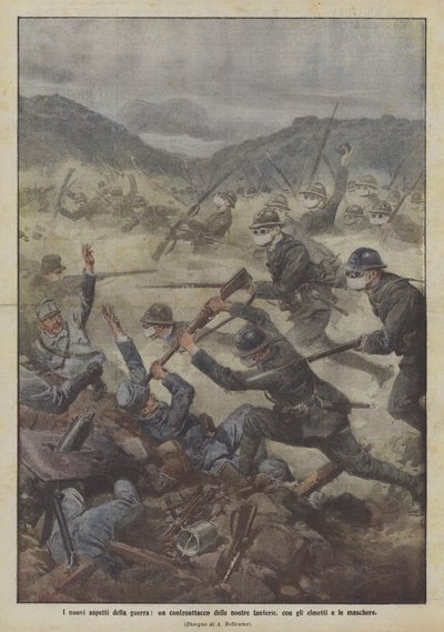 ヘルメットとマスクを備えた、戦争の新しい側面、歩兵の反撃 作： Achille Beltrame