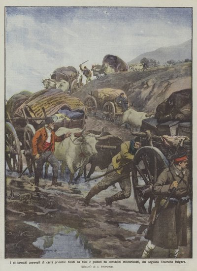 牛が牽引し、軍事化された農民が率いる原始的なカートの絵のような船団？ 作： Achille Beltrame