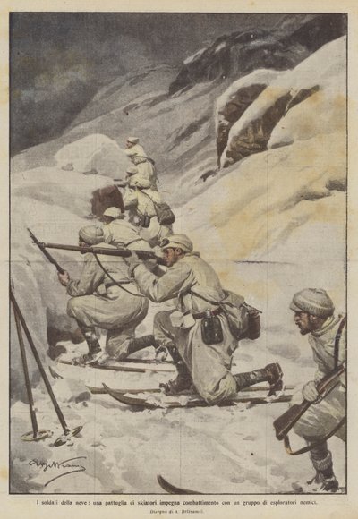スキーヤーのパトロールであるスノーソルジャーは、敵の探検家のグループと戦闘を行っています 作： Achille Beltrame