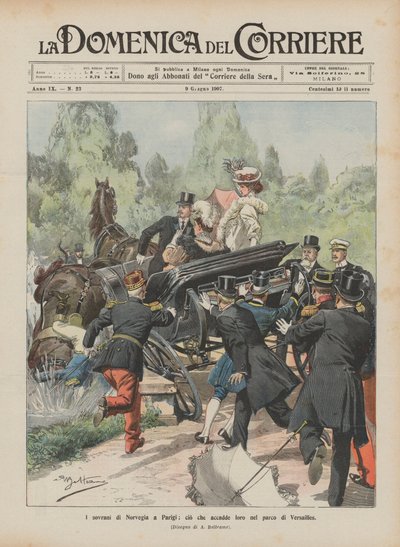 パリのノルウェーの支配者、ベルサイユの公園で彼らに何が起こったか 作： Achille Beltrame
