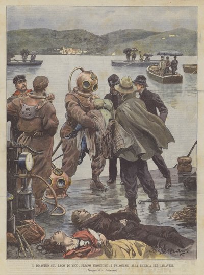 死体を探すダイバー、フロジノーネ近くのヴィーコ湖の災害 作： Achille Beltrame
