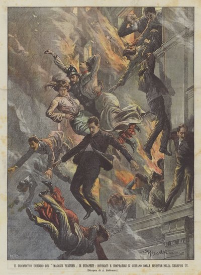 ブダペストのマガシンパリジャンの劇的な火事、店員とバイヤーは身を投げますか？ 作： Achille Beltrame