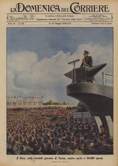 トリノの勝利の日々、50,000人の労働者と話しているデュース 作： Achille Beltrame