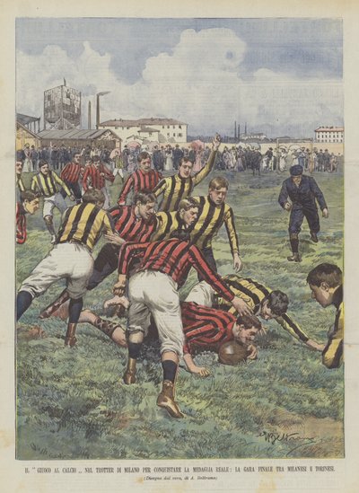 ロイヤルメダルを征服するミラノのトロッターでのサッカーゲーム、ミラネーゼとトリノの最終レース 作： Achille Beltrame