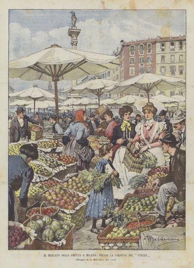 ミラノの果物市場、ヴェルゼイの柱 作： Achille Beltrame