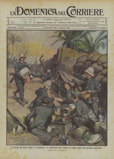 トリポリタニアでの兵士たちのクリスマス、豊富な風味のある塹壕でのお祝い？ 作： Achille Beltrame
