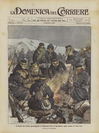 温度計が現在零下15°をマークしている満州の戦争兵士のクリスマス 作： Achille Beltrame