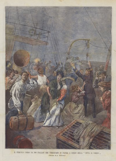 危険はトリノの街に乗って帰宅した900人のイタリア人によって実行されます 作： Achille Beltrame