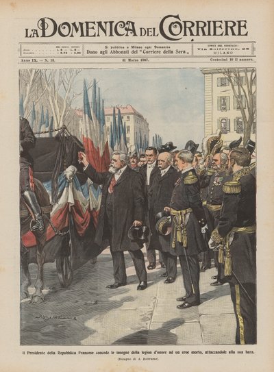 フランス共和国の大統領は軍団寄付記章を死んだ英雄に与えますか？ 作： Achille Beltrame