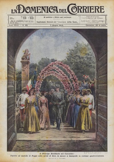 カセンティーノの遺伝王子、ポッピ城の到着、花のアーチの下？ 作： Achille Beltrame