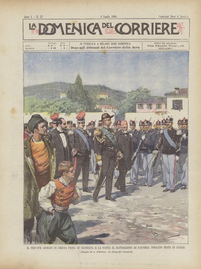 ギリシャのジョージ王子がイタリアのハニアに帰還した歩兵大隊をレビュー 作： Achille Beltrame