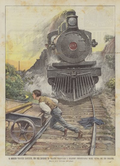 ドゥカノンの鉄道事故を防ぐために誰が少年ヴェロネーゼ・ザンペリーニ？ 作： Achille Beltrame