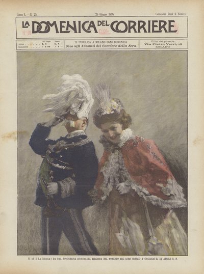 王と女王、4月12日、カリアリに上陸したときのインスタント写真から。 作： Achille Beltrame