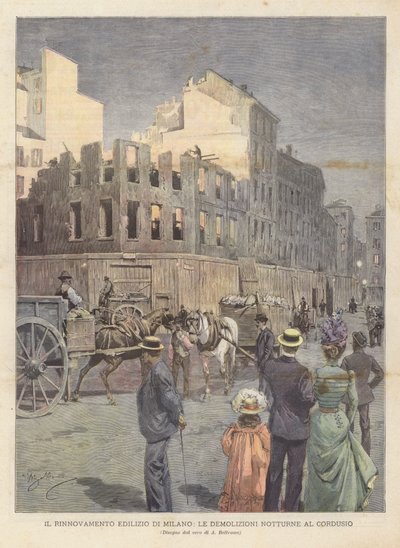 ミラノの建物の改修、Cordusioの夜の解体 作： Achille Beltrame
