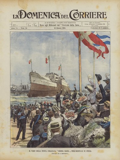 SpeziaのArsenaleでの新しい戦艦Regina Elenaの打ち上げ 作： Achille Beltrame