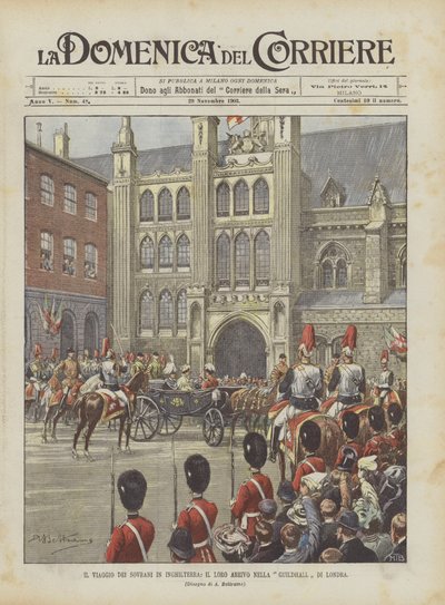 イギリスのソブリンの旅、ロンドンのギルドホールへの到着 作： Achille Beltrame