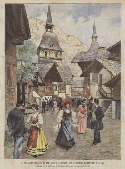 パリの万国博覧会でのスイスの張り子張り子と無精ひげの村 作： Achille Beltrame