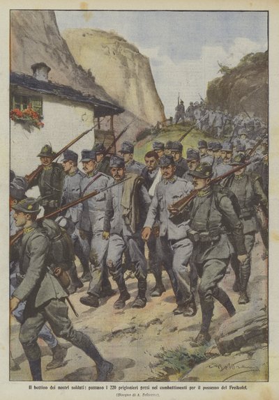 兵士の戦利品は、フライコフェルの所持のための戦いで捕らえられた220人の囚人を通過します 作： Achille Beltrame
