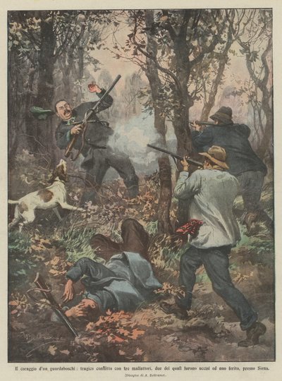 フォレスターの勇気、2人が殺された3人の悪者との悲劇的な対立？ 作： Achille Beltrame