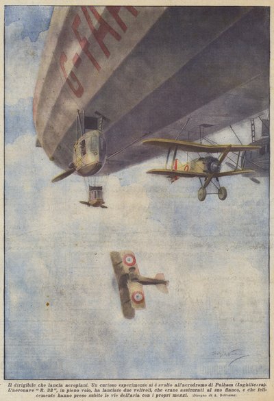 飛行機を発射する飛行船 作： Achille Beltrame