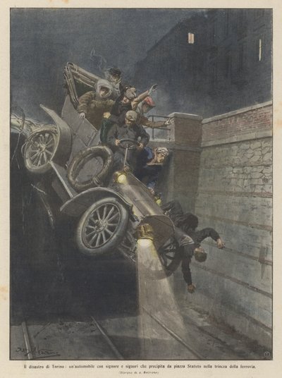 トリノでの災害、スタウト広場から墜落した紳士淑女の車？ 作： Achille Beltrame