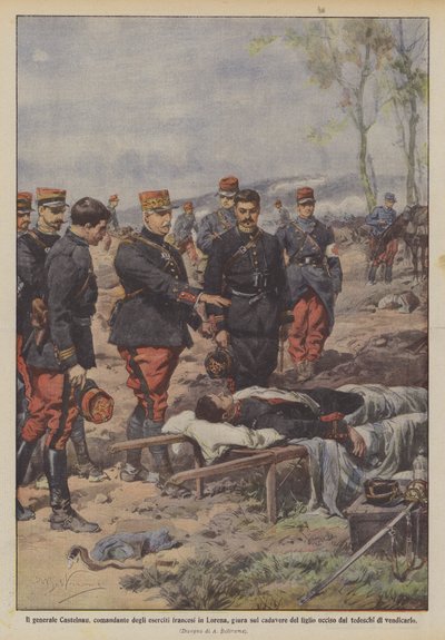 ロレーヌのフランス軍の指揮官であるカステルナウ将軍は息子の死体を誓う？ 作： Achille Beltrame
