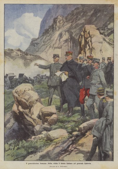フランスのヘネラリッシモジョフレがカドルナ将軍と一緒にイタリア戦線を訪問 作： Achille Beltrame