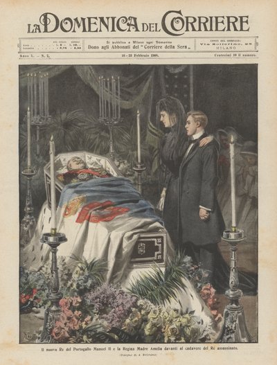 殺された王の死体の前にある新しいポルトガル王マヌエル2世とマザーアメリア女王 作： Achille Beltrame