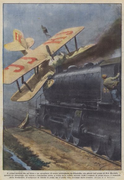電車と飛行機の最初の衝突 作： Achille Beltrame