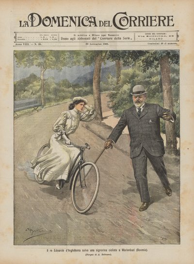イギリスのエドワード王がマリエンバート（ボヘミア）の若いサイクリストを救助 作： Achille Beltrame