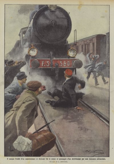 駅長の冷たい血が、通路のレールの間をまっすぐに伸びています。 作： Achille Beltrame