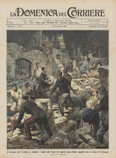 10月23日のカラブリアでの地震、住民の死体を探す兵士？ 作： Achille Beltrame