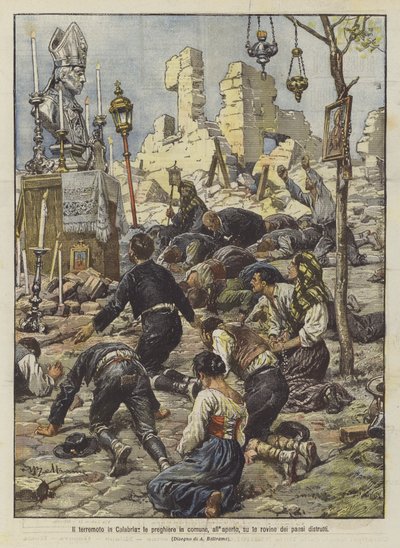 破壊された国の遺跡の屋外での一般的な祈りであるカラブリアの地震 作： Achille Beltrame